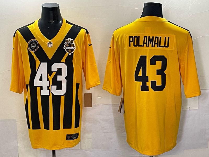Men 2025 Pittsburgh Steelers 43 Polamalu Yellow Throwback Nike Limited NFL Jersey style 01